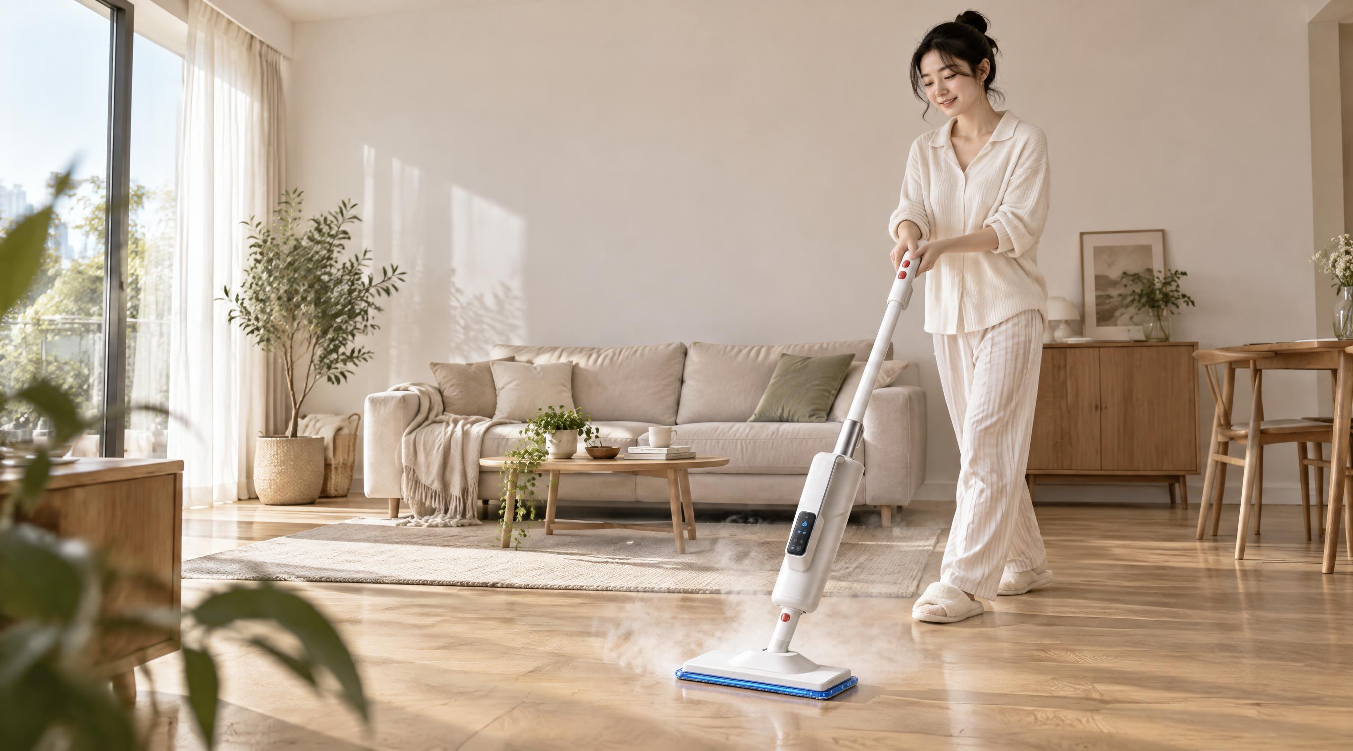 以参考图中的白色蒸汽拖把为唯一产品主体，保持产品外观、配色与结… - 图片创意预览