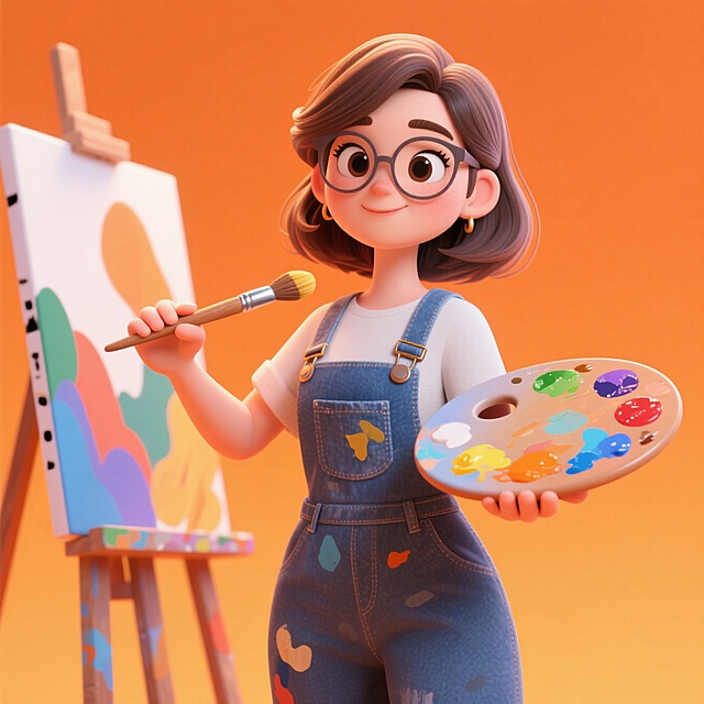 🎨背带裤女教师持画笔，橙背景超亮眼😜