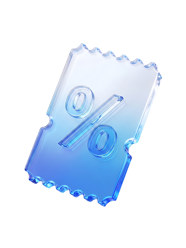 保持原有蓝色渐变透明玻璃冰透材质风格，去除图片上所有文字和条形码，只保留一个百分比符号%，材质和风格和整体保持一致，纯白色背景