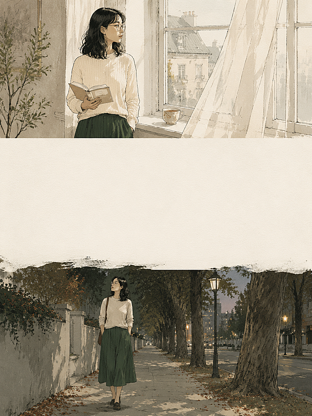 Vertical 3:4 Xiaohongshu editorial illustration, premium Chinese independent-magazine style. Sparse expressive ink linework, restrained mineral palette: moss green, warm ivory, charcoal, muted rust-red accents. Subtle uncoated art-paper texture, calm natural window light, literary and sophisticated, spacious composition, refined and emotionally resonant. No text, no letters, no numbers, no logos, no watermark. IMPORTANT LAYOUT: split the page into two separate illustrated zones, one in the upper third and one in the lower third. Keep a wide, clean, light-colored horizontal blank band across the middle third for later text overlay. The upper and lower scenes must be visually connected as one continuous story, but clearly separated by the blank middle band. Same main character throughout: a Chinese urban woman around 30, shoulder-length softly wavy black hair, thin round eyeglasses, cream knit top, deep forest-green midi skirt. She is thoughtful, calm, intelligent and slightly hesitant. Upper scene: she stands by a sunlit window in a quiet apartment, holding an open book loosely in one hand, gazing out with a pensive expression. A half-empty ceramic teacup sits on the windowsill, sheer curtains drift gently. Lower scene: she walks slowly along a tree-lined urban sidewalk at dusk, hands tucked into her skirt pockets, head slightly tilted as if lost in thought. Fallen leaves scatter on the pavement, warm streetlamp glow mixes with cool evening air. The two scenes form a continuous narrative of a quiet introspective day. Avoid: kawaii, childish cartoon, sticker style, gray elephant, mascot, overly bright colors, exaggerated facial expressions, glossy 3D, photorealism, crowded composition, readable screen content.