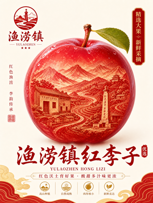 渔涝镇红李子单果包装设计，采用参考海报的国潮红色插画风格，主视觉为圆润饱满的红李子造型，内部融入渔涝镇红色革命风景，保留渔涝镇品牌标识，整体干净协调适合商品包装设计，高120mm宽90mm预览效果