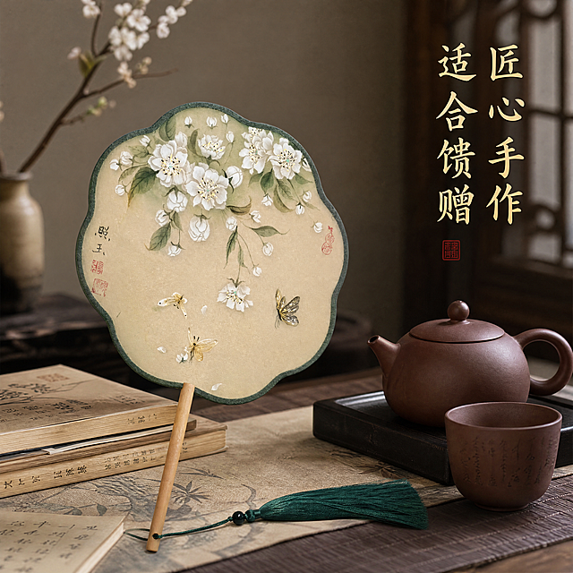 [主图6]梨花团扇放复古茶席，搭配紫砂茶壶书籍，营造中式雅致场景，保留团扇原样，右侧文字'匠心手作 适合馈赠'，1:1 4K，氛围感自然