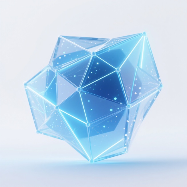 透明渐变蓝色调的3D科技感抽象几何元素，由发光的线条、多边形网格和点状粒子构成，呈现出轻盈通透的未来感，整体形态为不规则的立体结构，表面有流动的光线效果，背景为纯白色，元素之间通过线条相互连接，形成动态的视觉张力，充满数字化和科技美学的设计感。预览效果