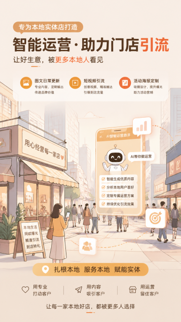 竖版朋友圈宣传图，城市同城商圈背景，简约城市线条插画，添加AI智能运营元素，呈现实体店铺引流场景，温暖亲民色调，整体风格商务小众高级，氛围感柔和，构图干净，无水印，宣传专为本地实体店打造，提供图文日常预览效果
