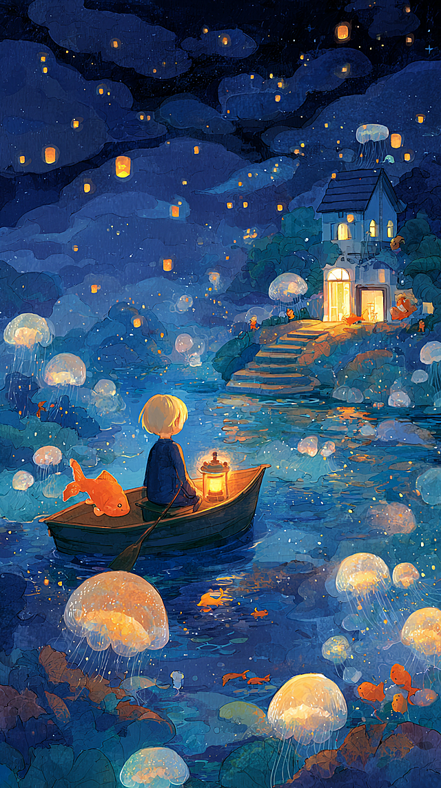 主题：萤火鱼与夜航船。在繁星点点的深蓝色夜空下，一片发着柔光的“云海”实际上是无数透明水母状的生物在漂浮。一个小孩乘坐着巨大的枫叶船，船头悬挂着灯笼，灯笼里游着一条散发温暖橙光的小鱼。前方，一群发光的荧光鱼排成蜿蜒的“光之路”，通向远处糖果色的小岛屋。风格：吉卜力工作室风格，手绘水彩质感，色彩柔和明亮，充满想象与童趣。画面氛围：梦幻、安心、冒险与归家感并存。