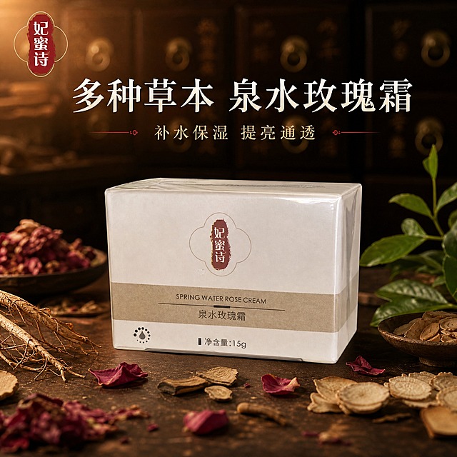 [主图-1] 首图品牌调性，棕色中药风草本植萃主题，突出妃蜜诗泉水玫瑰霜的温润草本质感。
[统一基调] 整体风格为棕色中药国风，背景主色为深棕与暖棕渐变，标题字色为米白色，辅助字色为浅金色，强调色为朱砂红，字体为干净的宋体衬线体，卡片和边框采用细金线与中药卷轴元素，整体温润高级。
[画面] 产品包装盒居中偏下放置，占画面约55%，正面朝向观众略偏左30度角，保留产品原有外观：米白色包装盒、红色印章式妃蜜诗logo、棕色横条带、泉水玫瑰霜字样、15g净含量标识。背景为深棕色中药柜虚化背景，隐约可见木质药柜抽屉纹理，上方有柔和的暖光从左上方打下。产品周围点缀少量干玫瑰花瓣、人参须、芍药花片、草本植物枝叶，自然散落于产品底部周围，营造中药草本氛围。左上角放置提取的同款妃蜜诗红色印章Logo。
[光影质感] 商业摄影质感，主光左上方45度柔光，产品右侧有柔和补光，底部有自然接触阴影，包装盒表面有轻微塑料膜反光，体现真实包装质感。背景虚化突出主体。
[配色] 主色深棕暖棕，点缀朱砂红和浅金色，草本绿色少量点缀，整体统一棕色中药风。
[文字版式] 主标题在画面上方居中，大字号米白色宋体："多种草本 泉水玫瑰霜"，下方小一号浅金色字："补水保湿 提亮通透"。文字不遮挡产品主体。
[输出要求] 比例1:1，文字清晰可读，产品清晰完整不变形，无错字，无水印，无平台Logo，无生产厂家信息。