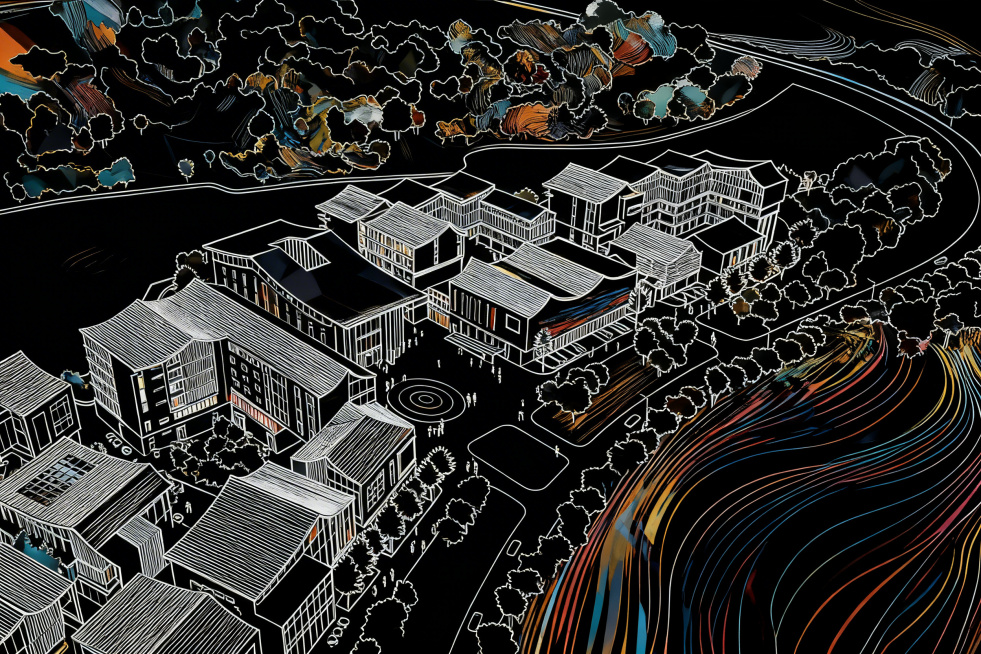 把图中的线条变得更抽象，保留建筑鸟瞰图的整体构图，优化线条表现为更具抽象艺术风格的线条形式预览效果