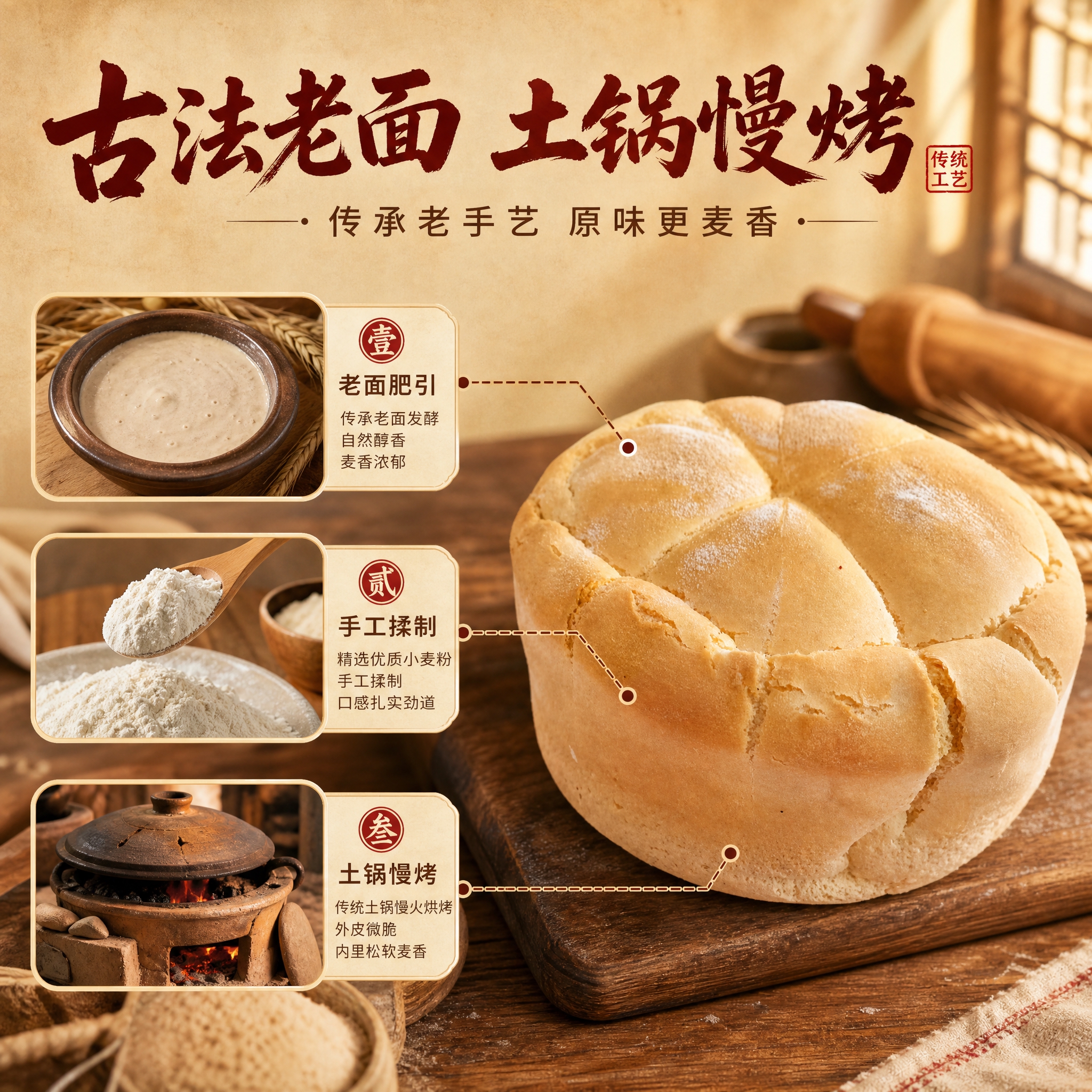 [主图-2] 工艺溯源图，核心任务是展示老面发酵传统工艺和土锅… - 图片创意预览