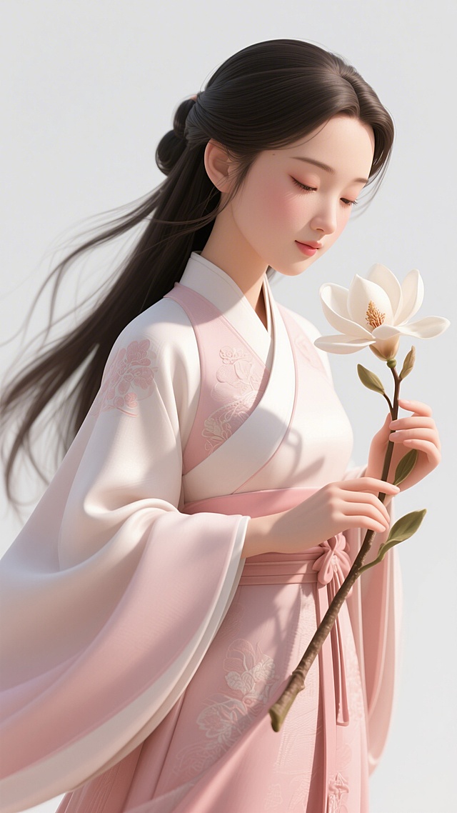 中式古典美人，身着柔粉汉服，手持玉兰，3D重拟物风格融合水彩质感，光影柔和，清透唯美，尽显优雅意境。