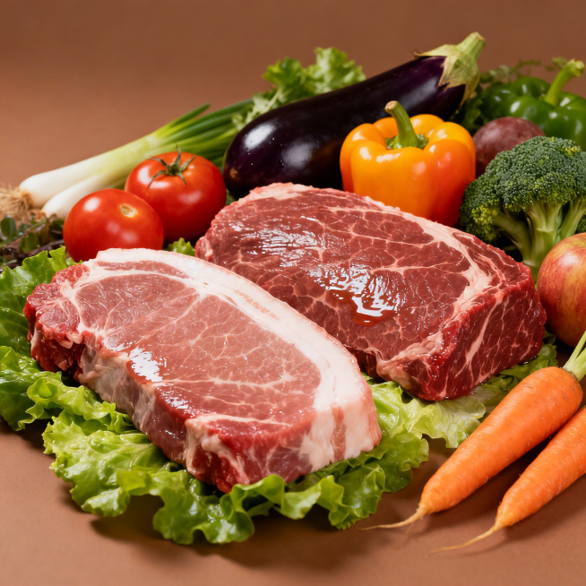 暖棕背景，摆放新鲜猪肉、牛肉等鲜肉，搭配生菜、番茄、彩椒、茄子、胡萝卜、西兰花等新鲜蔬菜水果，自然写实的生鲜食材陈列风格，无文字无LOGO预览效果