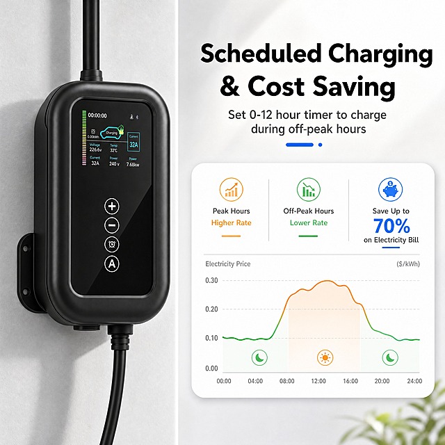 [第3张] Scheduled Charging预约定时充电页，简约浅白风格，数据可视化。
[商品] 使用预约定时充电产品图；保留黑色控制盒、彩屏、4个按键、黑色线缆、壁挂角度；产品结构、颜色、材质一致。
[画面] 目标：展示预约定时充电省钱功能。构图：左侧产品壁挂特写占画面40%，浅灰色墙面背景；右侧上方标题+副标题，右下方圆角白底电价数据卡片，卡片内有简洁的电价曲线图，浅橙色高峰+浅绿色低谷标注。整体明亮干净，无深色块。
[视觉] 套系策略：风格=速卖通简约纯白科技感；标题字=现代无衬线粗体（英文）；正文字=简洁无衬线体（英文）；主色=浅蓝(#4A90E2)作点缀；背景延展=浅灰白色渐变背景；强调色=浅蓝色+浅橙色+浅绿色，用于数据标注，面积小；标题色=深黑色；正文色=中灰色；组件=圆角白底数据卡片、细线图表、柔和阴影；光影=左前侧柔光，产品质感突出。
[文字] 右上英文主标题「Scheduled Charging & Cost Saving」粗黑大字；英文副标题「Set 0-12 hour timer to charge during off-peak hours」；数据卡片内英文：「Peak Hours」Higher Rate、「Off-Peak Hours」Lower Rate、「Save Up to 70%」on Electricity Bill。全部英文横排，无中文，简洁易读。
[规格] 比例1:1方图，4K分辨率，负向提示：中文、深色背景、大面积蓝色、变形、错字、文字过小、产品颜色改变、模糊、水印。