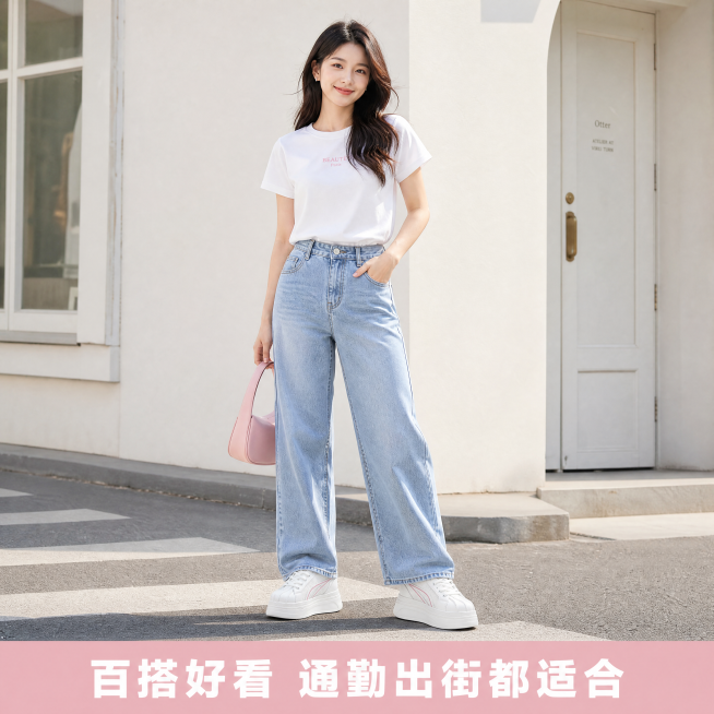 [主图-5] 穿搭场景展示，整体效果；氛围风格：生活化街拍场景，年轻休闲；画质：商业摄影质感，光线柔和通透，产品清晰真实，画面干净高级；元素：年轻女生全身穿搭，站立在极简街头场景，穿着这款内增高网格鞋预览效果
