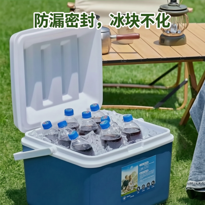 将图片上标题Leak-Proof Seal,keep your ice转换成中文，字体、排版和颜色保持不变，保温箱标签上的英文全部转为中文，排版颜色不变，整体保持原图布局和色彩不变预览效果