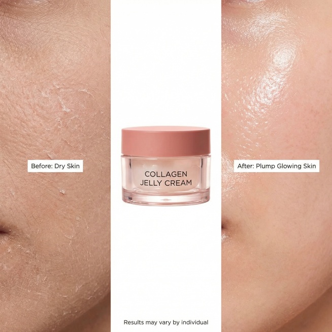 Collagen Jelly Cream main image 4, before and after effect comparison, warm minimalist style, left s预览效果