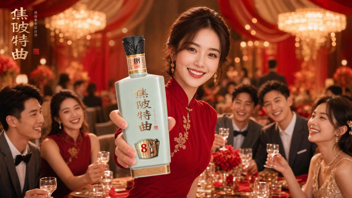 横版宽屏高端白酒品牌广告海报，新中式高端婚宴主题，整体营造浪漫隆重、温馨喜庆、兼具东方雅致与现代质感的婚礼宴会氛围，暖调光影与红金撞色为核心，整体柔和暖粉调，柔光无硬阴影。画面中心是一位笑容灿烂的红衣预览效果