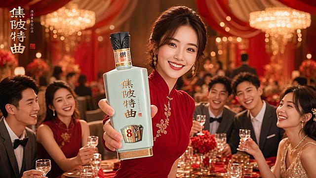 横版宽屏高端白酒品牌广告海报，新中式高端婚宴主题，整体营造浪漫隆重、温馨喜庆、兼具东方雅致与现代质感的婚礼宴会氛围，暖调光影与红金撞色为核心，整体柔和暖粉调，柔光无硬阴影。画面中心是一位笑容灿烂的红衣年轻女性，向前伸手展示放大的https://13.png方形焦陂特曲8白酒瓶，背景几位年轻男女围坐面带笑容，背景为虚化的高端宴会厅场景，暖调光影下红色幔帐垂落，搭配朦胧的暖金色吊灯散景光斑，远处可见模糊的宾客身影与橙红色花艺装饰，景深效果让视觉焦点集中在前景女性与产品，背景以暖棕与正红为主色调，搭配橙红色花艺点缀。整体暖金色柔光布光，精准呈现各类材质质感：红酒衣的质感、酒瓶釉面细腻反光、玻璃通透感，高清4K写实人像摄影，商业大片质感，传递轻松愉悦欢聚氛围，画面干净通透。