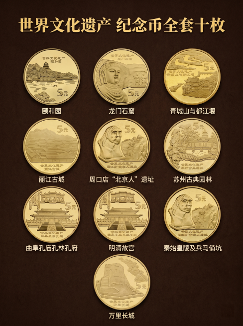 [详情图 1] 世界文化遗产纪念币全套合集长图详情展示，采用3:4比例，整体展示全套十枚纪念币的视觉效果。[氛围风格] 高端收藏文化风，简约大气，充满历史文化感。[画质] 商业摄影质感，光线柔和通透，预览效果