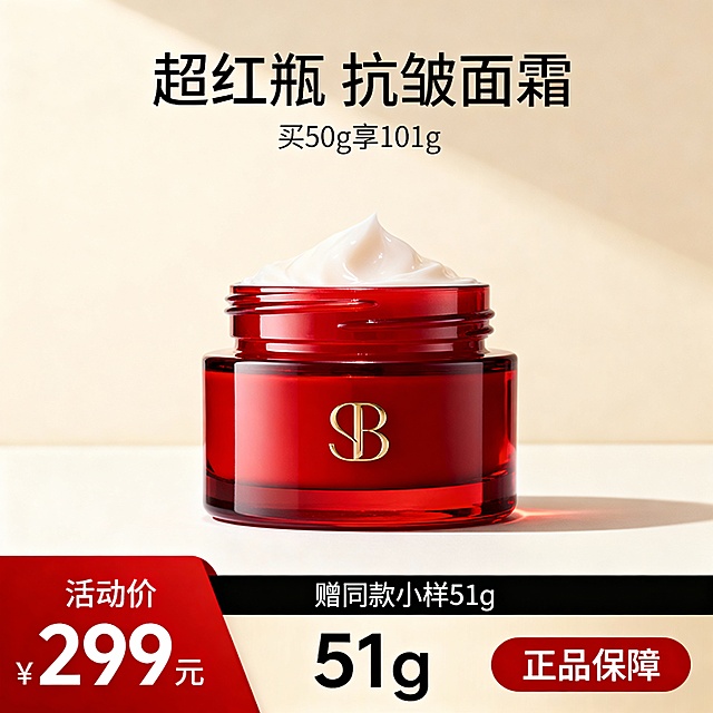 生成三张不同场景的面霜电商主图，价格“299元”，比例1:1，超红瓶 抗皱面霜 买50g享101g