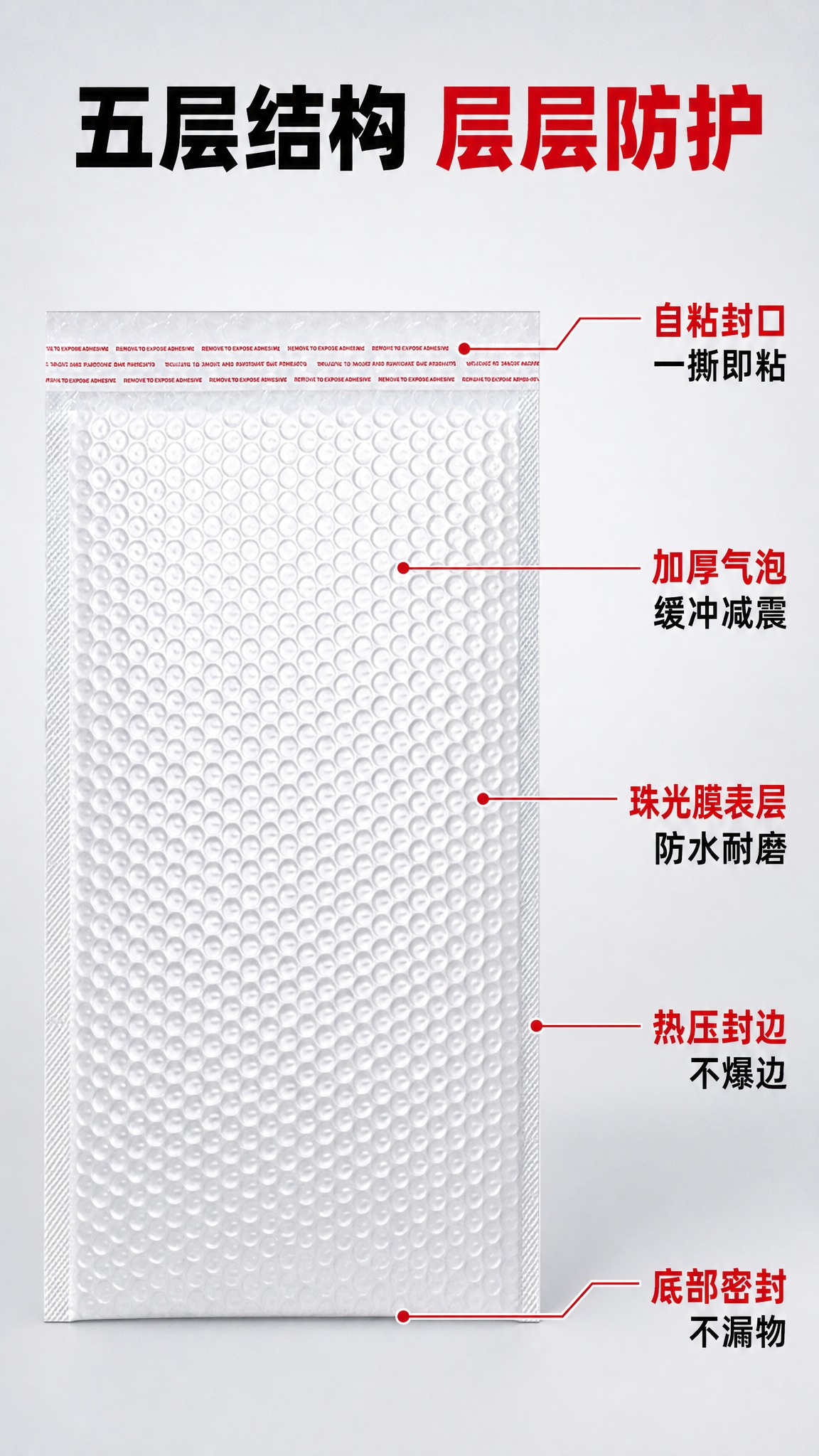 基于图1的白色珠光膜气泡信封袋，生成结构解析详情页。引线标注型… - 图片创意预览