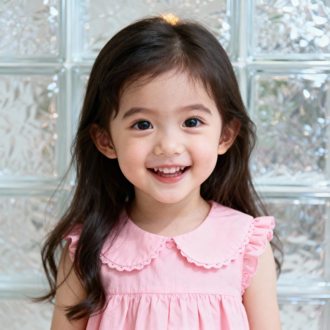 画面中是一个3岁左右的小女孩，大眼睛，长的很漂亮，长发，笑容开心，穿着粉色娃娃领裙子，呈现半身像，皮肤白皙柔嫩，头顶清晰露出，背景透明预览效果