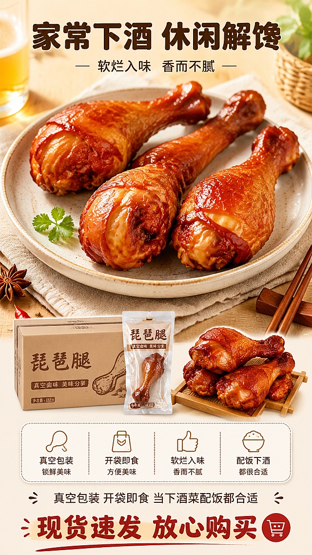 [第6屏] 规格场景收尾屏 - 展示整箱产品与家常食用场景，引导购买。本屏使用所有产品图组合展示，保留每个琵琶腿外形颜色一致。
[氛围/风格] 家常食用场景，温馨诱人，收尾促购风格，接地气符合拼多多定位。
[元素布局] 上半部分展示三只琵琶腿在餐盘中的场景，下半部分标注规格信息和购买引导，产品占比约60%，背景简约桌面，搭配少量餐具点缀，保持每个产品外形颜色和原图一致。
[光影质感] 自然光柔和打光，整体温馨明亮，产品油润光泽自然。
[配色色系] 全局底色 #f8f3ec，主色红棕产品色，辅助色米色桌面，文字深棕色。
[视角构图] 生活场景平视构图，产品摆放自然，阅读动线从上到下。
[文字版式] 顶部主标题「家常下酒 休闲解馋」深棕色加粗圆角黑体，中部产品展示，底部文案「真空包装 开袋即食 当下酒菜配饭都合适」，底部加粗引导文字「现货速发 放心购买」，文字清晰排版美观，不遮挡主体产品。
[比例分辨率] 9:16竖版比例，4K分辨率，文字清晰可辨，高清画质。
[负向提示词] 产品外形改变，颜色偏差，文字错乱，水印，平台logo