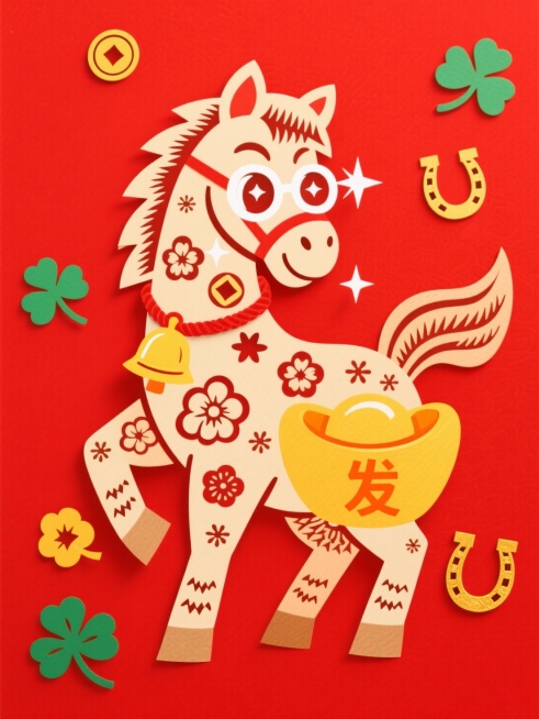 主体是一只新潮的卡通马角色。马身通体呈现明亮的暖色调，皮肤上规则分布着幸运图案纹理（梅花、铜钱）。马戴着一副夸张的不透明白色圆形眼镜，脸颊旁闪烁着几颗白色的十字星光特效，表情酷炫自信。脖子上戴着红绳系预览效果