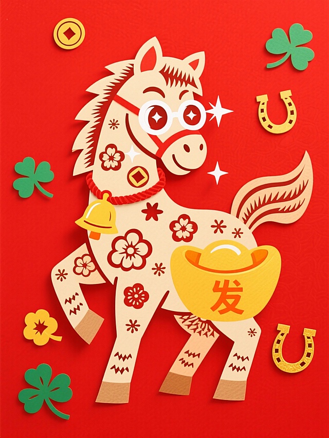 主体是一只新潮的卡通马角色。马身通体呈现明亮的暖色调，皮肤上规则分布着幸运图案纹理（梅花、铜钱）。马戴着一副夸张的不透明白色圆形眼镜，脸颊旁闪烁着几颗白色的十字星光特效，表情酷炫自信。脖子上戴着红绳系着的金黄色大铃铛。马的两只前蹄捧着一块巨大的金黄色元宝，上面橙红色的“发”字纹样。背景是红色的纯色底，营造出春节喜庆氛围。画面四周漂浮散落着几朵绿瓣黄芯的四叶草或金色的马蹄铁装饰元素。