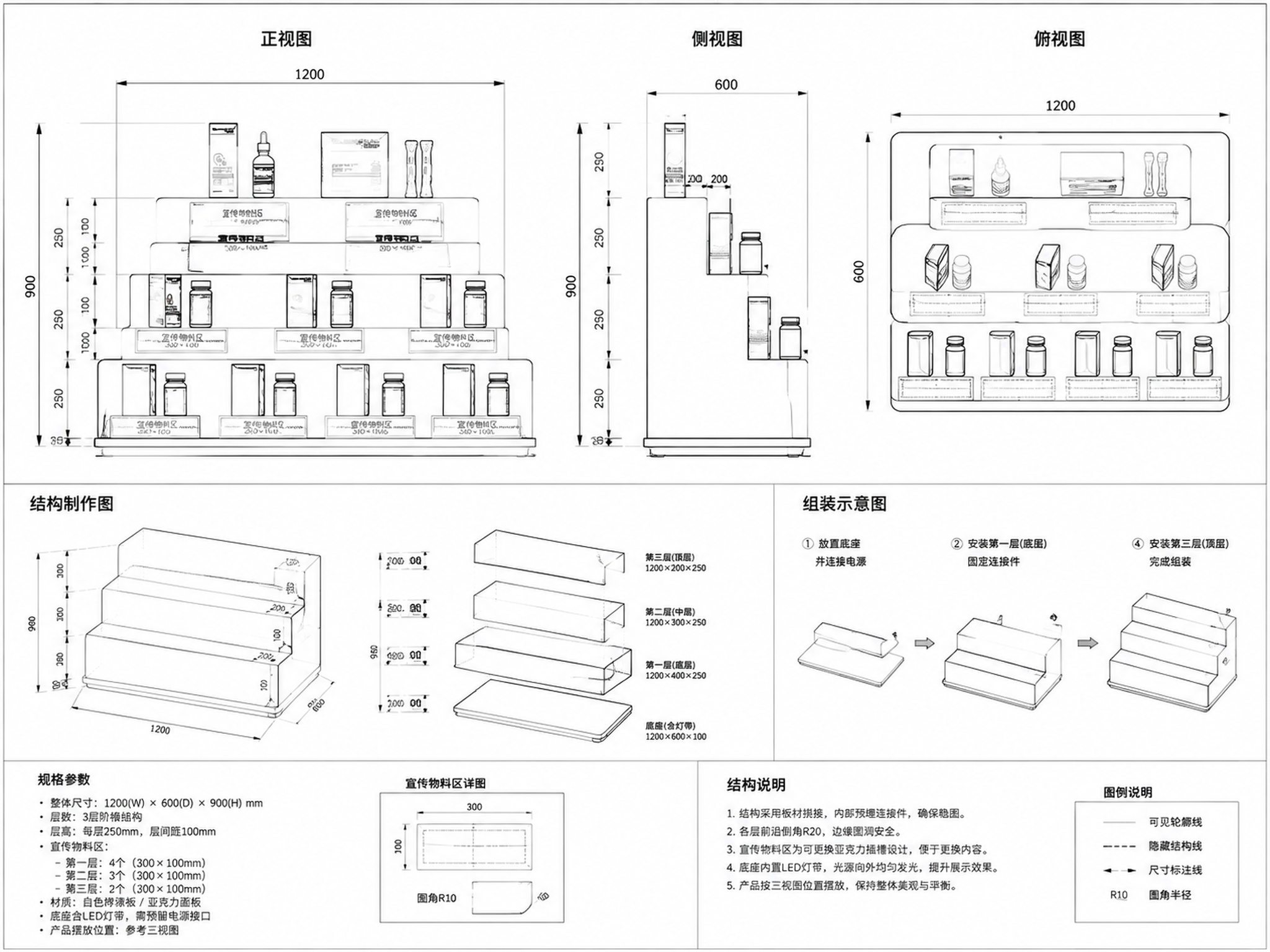 根据参考的三层阶梯展台设计图，生成专业的展台三视图（正视图、侧… - 图片创意预览