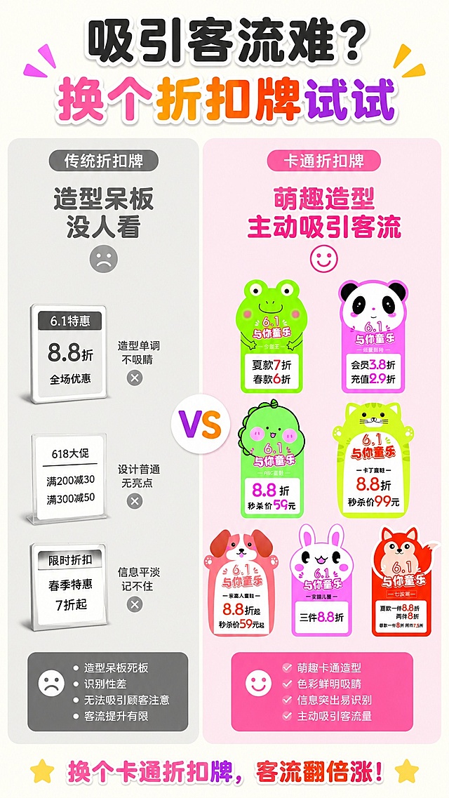 「图片1」，生成详情页，商品名称为卡通折扣标识，适配拼多多平台，单图比例为9:16，需求屏数为8张。