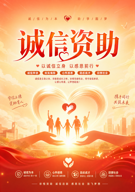 公益诚信资助宣传海报，A3尺寸，整体风格温暖正能量，画面突出诚信主题，包含标题文字'诚信资助'，搭配爱心、手牵手公益元素，背景采用暖色调渐变预览效果