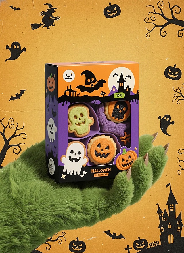 一只绿色毛绒怪物的手托着主体，橙黄色复古纹理背景，边缘点缀黑色剪影风格的万圣节元素：南瓜灯、幽灵、蝙蝠、女巫剪影、城堡和扭曲的树木