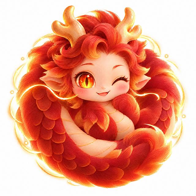烛阴儿童伴学神兽，眨眼wink状态：保持同款毛绒3D卡通风格，赤红毛发龙角，竖瞳发光橙红大眼，一只眼睛俏皮地眨着（wink），嘴角带笑，活泼可爱。身体卷曲成圆形，毛绒鳞片质感，周围有暖金色光晕。白色背景，圆形构图，细节精致。