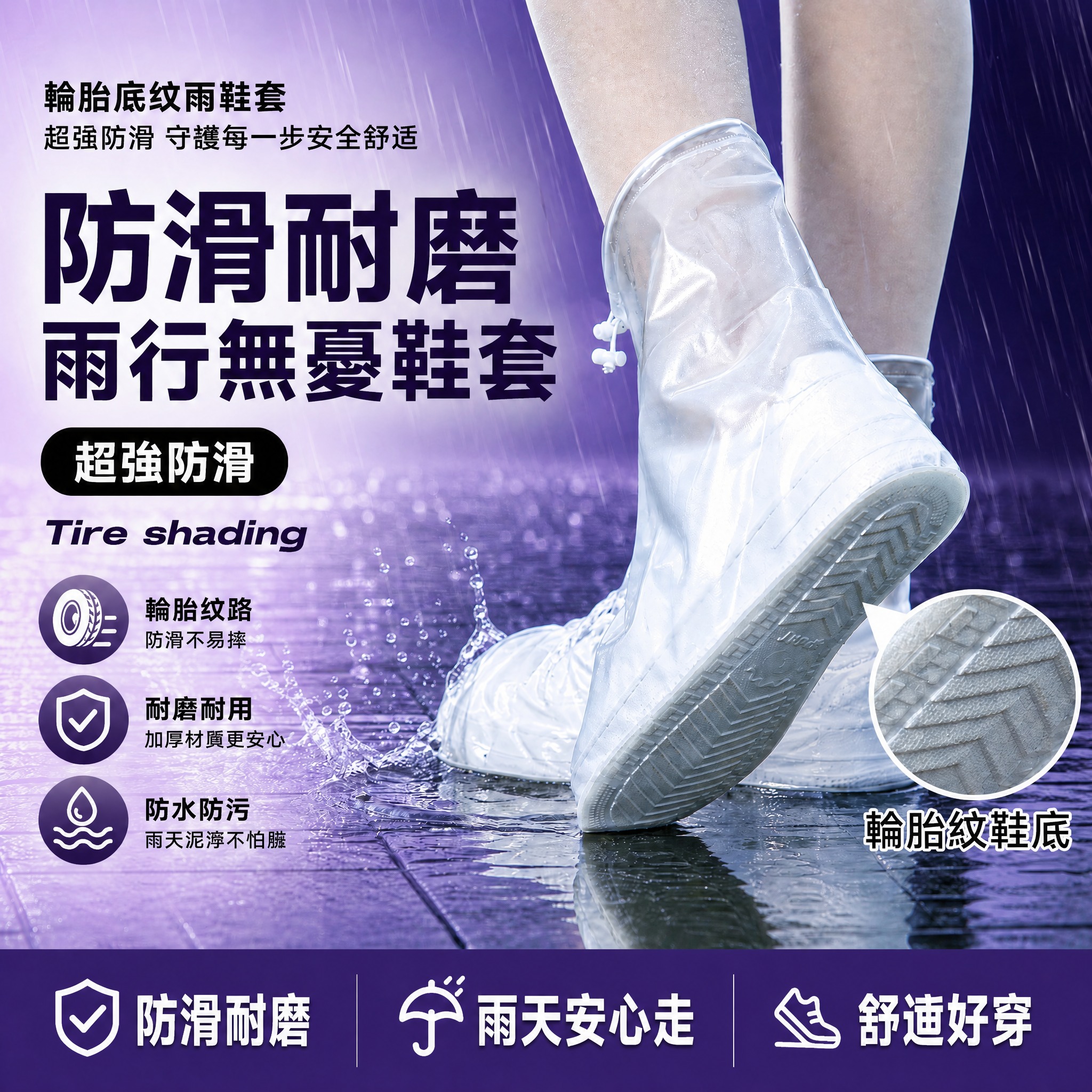 [单张主图] 商品为透明防水雨鞋套（轮胎纹防滑鞋底），路线为爆… - 图片创意预览