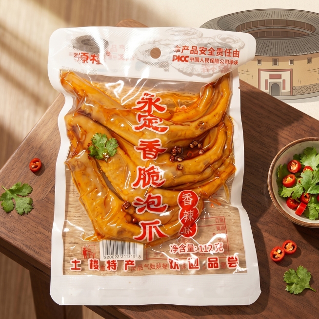 为永定香脆泡爪生成电商主图，比例1:1，产品包装放在干净简约深棕色木质桌面上，暖调自然光，清晰展示产品，富有食欲，设计感十足，突出产品香辣味土楼特产的特点预览效果
