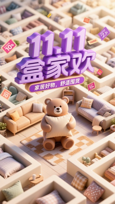 极致温暖的米色调画面中间一个卡通小熊抱着一个大抱枕，背后带有设计感的巨大的紫色主标“11.11 盒家欢”+副标“家居好物，舒适囤货”。背景是各种家居用品（如沙发、地毯、床品等）堆积组成的巨大的迷宫，家预览效果