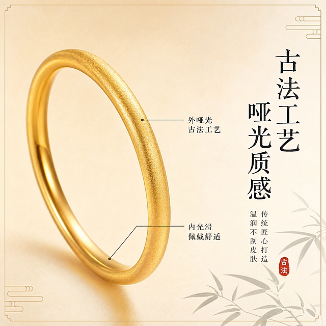 [主图-2] 古法平安福运手镯核心亮点图，展示古法工艺与哑光材质质感，突出工艺细节。
[统一基调] 整体风格为国风精致高级感，背景主色为米白宣纸质感搭配浅香槟金晕染，标题字色为深墨色，辅助字色为朱砂红，强调色为哑光金，字体为书法感宋体，字号层级分明，卡片与边框采用细金线极简样式，无厚重色块。
[画面] 手镯呈45度侧立视角，主体占比约60%，位于画面中央偏左，右侧留出文字空间，手镯局部放大展示内壁与外壁的哑光磨砂肌理，画面右侧有两条细金线引出标注，分别指向手镯外壁的哑光砂面和内壁光滑面，标注文字分别为「外哑光古法工艺」与「内光滑佩戴舒适」，背景为浅米色渐变，右下角有淡淡的竹叶剪影作为国风装饰。
[光影质感] 商业珠宝微距摄影质感，柔光箱主光从上方打下，手镯弧面有均匀柔和的高光过渡，哑光表面呈现细腻砂金颗粒感，内壁有微弱反光体现金属质感，整体光影干净，突出工艺细节对比。
[配色] 背景浅米白渐变，手镯哑光黄金色，标注线深墨色，文字深墨色，竹叶剪影浅灰绿色，整体色调统一雅致。
[文字版式] 画面右侧竖排主标题「古法工艺 哑光质感」，书法宋体大字深墨色，标题下方两行小字分别为「传统匠心打造」与「温润不刮皮肤」，字号缩小55%，浅墨色，标注引线文字为小号宋体深墨色，所有文字不遮挡手镯主体。
[输出要求] 比例1:1，文字清晰可读，手镯细节锐利，材质真实，负向：变形、错字、模糊、杂乱、水印、平台Logo、塑料感、划痕、指纹、过曝发白。