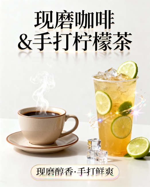 帮我制作一个图片，主题是：现磨咖啡☕️，手打柠檬茶，要有产品同时还要展示卖点，画面高级吸引人 突出主题预览效果
