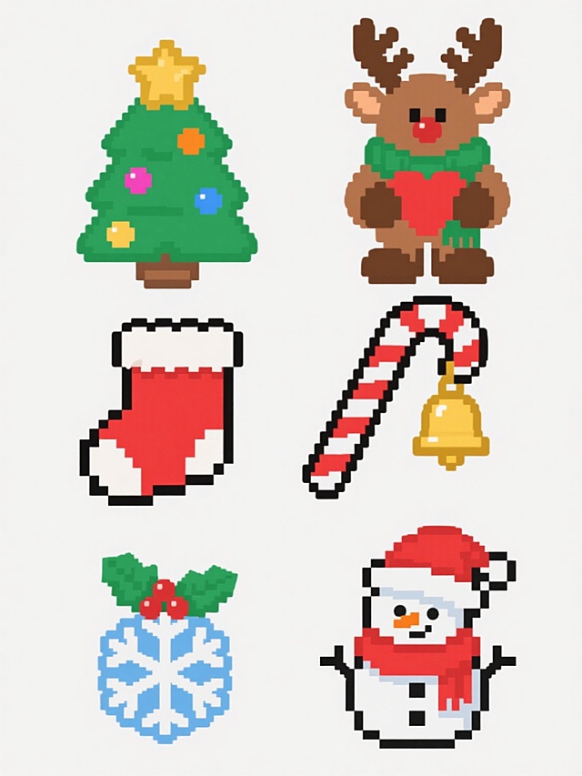 白色背景上规整排布六个完全不同的圣诞节主题像素风格图标，每个图标均采用圆润可爱的造型，色彩明快鲜艳，包含绿色圣诞树配金色星星和彩色装饰球、棕色驯鹿戴绿色围巾捧心形礼物、红色圣诞袜带白色毛绒边和冬青浆果、红白条纹拐杖糖挂金色铃铛、白色雪花图案以及戴红色圣诞帽和围巾的雪人，整体视觉层次清晰，信息传达简洁高效，符合节日氛围的设计感。