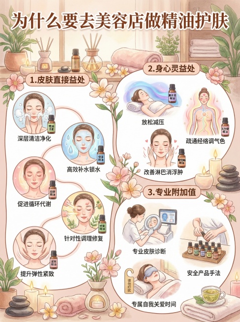以：为什么要去美容店做精油护肤。为标题。内容一、对皮肤的直接益处
深层清洁与净化

专业清洁和蒸汽能更彻底地打开毛孔，软化角质，结合专业手法和后续护理，能有效清除深层的污垢、油脂和黑头，这是日常洁面难预览效果