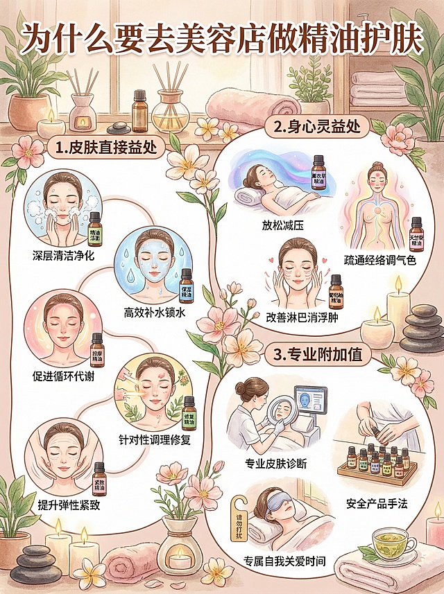 以：为什么要去美容店做精油护肤。为标题。内容一、对皮肤的直接益处
深层清洁与净化

专业清洁和蒸汽能更彻底地打开毛孔，软化角质，结合专业手法和后续护理，能有效清除深层的污垢、油脂和黑头，这是日常洁面难以做到的。

高效补水与锁水

精油是小分子物质，渗透性极强。在专业按摩手法的帮助下，能穿透皮脂膜，将水分和营养直接输送到肌肤底层，并从内强化肌肤的保湿屏障，实现由内而外的水润。

促进血液循环与新陈代谢

专业、有节奏的按摩手法能显著促进面部血液循环，为细胞带来更多氧气和营养，同时加速代谢废物和毒素的排出。这会让皮肤在护理后立刻呈现自然的红润光泽感，长期坚持能改善暗沉、蜡黄。

针对性的调理与修复

美容师会根据你的肤质（如干性、油性、敏感、老化）和当前需求（如抗痘、淡斑、紧致），科学复配单方精油，实现个性化护理。

例如：茶树精油调理痘痘肌，玫瑰或檀香精油滋润抗衰，洋甘菊或薰衣草精油舒缓敏感。这种“对症下药”的效果远超普通护肤品。

提升肌肤弹性与紧致度

许多精油（如乳香、没药、迷迭香）本身具有促进细胞再生、修复胶原蛋白的功效。配合专业的提升、排毒手法，能帮助紧实轮廓，预防和改善松弛、细纹。

二、身心灵的综合益处
极致的放松与减压

这是美容院护理的核心价值之一。在安静、舒适的环境中，精油的芳香分子通过嗅觉直接作用于大脑边缘系统（掌管情绪和记忆），能有效缓解焦虑、紧张和疲劳。配合轻柔的音乐和按摩，整个身心会进入深度放松状态，对现代人来说是绝佳的“大脑SPA”。

疏通经络，调理气色

专业的面部按摩常结合中医的穴位和经络理论（如胃经、胆经在面部的循行）。通过点按穴位（如睛明穴、太阳穴、迎香穴），可以疏通气血，调理对应的脏腑功能，从根本改善因气血不畅导致的皮肤问题，实现“美容养颜”。

改善淋巴循环，消除浮肿

专业手法中包含特定的淋巴引流按摩，能有效排除面部和颈部淋巴堆积的毒素和多余水分，对于晨起浮肿、熬夜后的水肿脸有立竿见影的改善效果，让脸部轮廓更清晰。

三、专业附加值
专业的皮肤诊断与建议

有经验的美容师在护理前后会仔细观察你的皮肤状态，提供你可能自己没注意到的专业见解和后续家居护理建议。

安全有效的产品与手法

美容院使用的高品质专业线精油产品，纯度和浓度有保障。专业手法确保了按摩的力度、方向和频率都安全有效，避免自己不当拉扯造成的皮肤松弛。

专属的“自我关爱”时间

这是一个完全属于自己的、不被打扰的时间。放下手机和工作，专注于感受和关爱自己，这种正向的心理暗示对整体健康和皮肤状态都有积极影响。你自己提炼一下