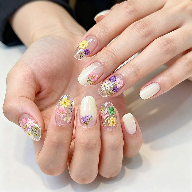 温柔清新碎花干花美甲展示，手舒展自然摆放展示美甲款式，整体效果图。美甲底色为通透的裸色或奶白色，衬托肤色让手指更修长白皙，指甲前端或侧面点缀1-2簇小巧干花或碎花贴纸，颜色包括粉、黄、紫、绿等柔和色调，营造春日花园氛围，花朵采用点睛式分布留白处理，整体轻盈不杂乱，指甲表面覆盖透明封层，花朵仿佛封存其中，增加立体感和光泽度