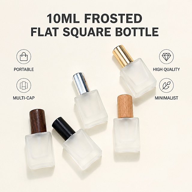 10ML frosted flat square perfume empty bottle, main picture with English copy. Keep 5 bottles with different caps consistent with the original image in shape and color. Replace the background with fresh and bright pure light beige, keep it high-definition, remove the original Chinese text in the upper left corner, all text on the picture is English. The layout is: the product is placed in the lower center, the top center has a large title "10ML FROSTED FLAT SQUARE BOTTLE", left selling points: "PORTABLE", "MULTI-CAP", right selling points: "HIGH QUALITY", "MINIMALIST". Soft natural light, high definition, clean picture, 1:1 square, no Chinese characters, no watermark. Keep product shape and caps consistent with the original image, no deformation.