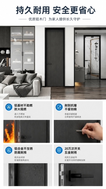 [第8屏] 耐用安全卖点，展示耐刮耐磨防火特性。本屏使用【图3】深灰色铝木门展示日常使用优势。
[氛围/风格] 实用性能展示，专业清晰图文排版，现代简约风格。
[元素布局] 深灰色铝木门位于画面上半部预览效果