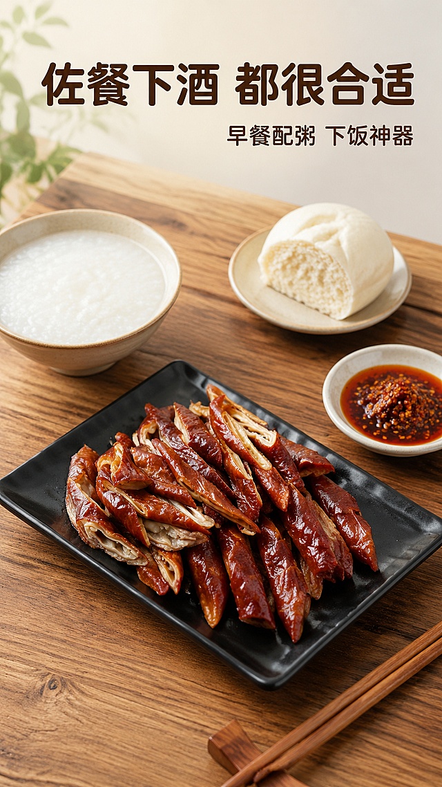 [第4屏] 日常食用场景种草，展示小阿妈妈梆梆肉佐餐搭配。本屏使用【图2】作为菜品主体。
[氛围/风格] 家常温馨感，烟火食欲，真实餐桌场景，生活化美食摄影。
[元素布局] 主体展示一盘梆梆肉搭配一碗白粥和半块馒头，摆放在家用木质餐桌上，梆梆肉占画面中心约60%；周围搭配一双筷子和一小碟辣椒油作为配菜点缀；保持梆梆肉颜色、形状和原图一致。
[光影质感] 自然光从左侧射入，自然柔和，营造早餐温馨氛围，食物明暗层次清晰。
[配色色系] 全局底色 #F5F0E6；主色木色餐桌和红棕梆梆肉；辅助色白粥米白、辣椒油红，配色统一自然。
[视角构图] 平视桌面视角，整体场景沉浸，阅读动线从上到下自然流畅。
[文字版式] 顶部主标题「佐餐下酒 都很合适」，右侧副标题「早餐配粥 下饭神器」，圆角黑体，字色深棕，文字摆放在留白区域，不遮挡菜品主体，手机端清晰可读。
[比例分辨率] 9:16 竖版比例，4K 分辨率，文字清晰可辨，高清画质。
[负向提示词] 梆梆肉变形，颜色失真，场景杂乱，文字遮挡主体，水印，文字错乱。