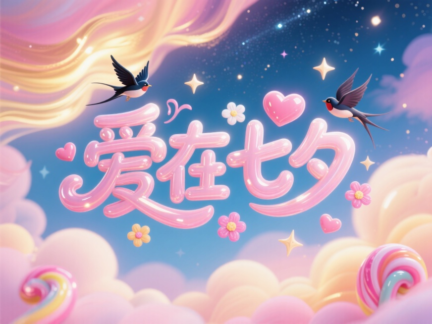 “爱在七夕”，立体糖果风艺术字，字体如软糖般晶莹，带有爱心星星和小花环绕，喜鹊绕字飞翔，背景为星河流动的粉金渐变云彩，整体可爱甜美，有童趣浪漫的3D空间感预览效果