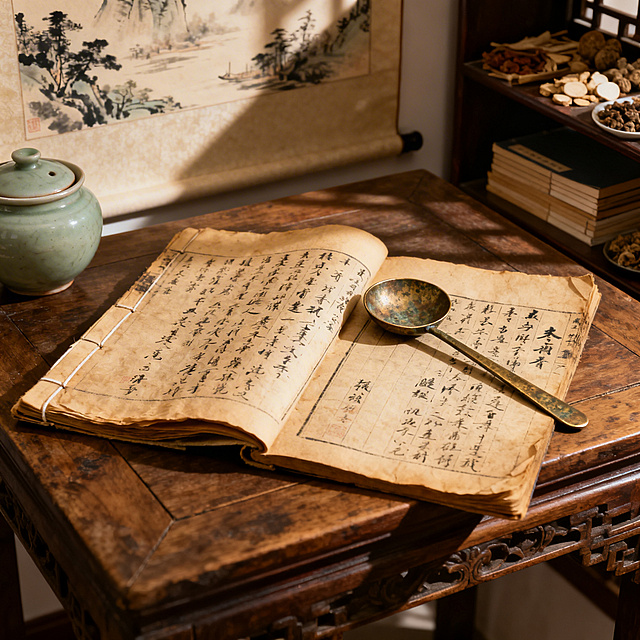 老中医古籍线装书摊开，泛黄书页上有毛笔中医批注，古朴书桌摆放着铜制脉诊，传统中式书房氛围