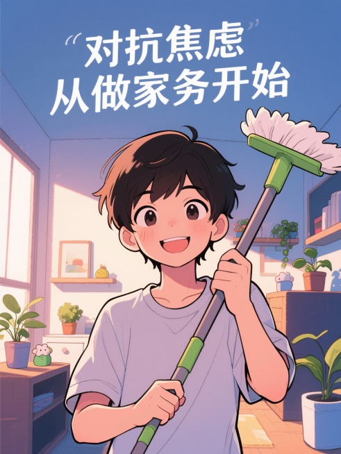 亲 我想做一个微信公众号的主图 轻漫画风格 主要内容是 对抗焦虑从做家务开始预览效果