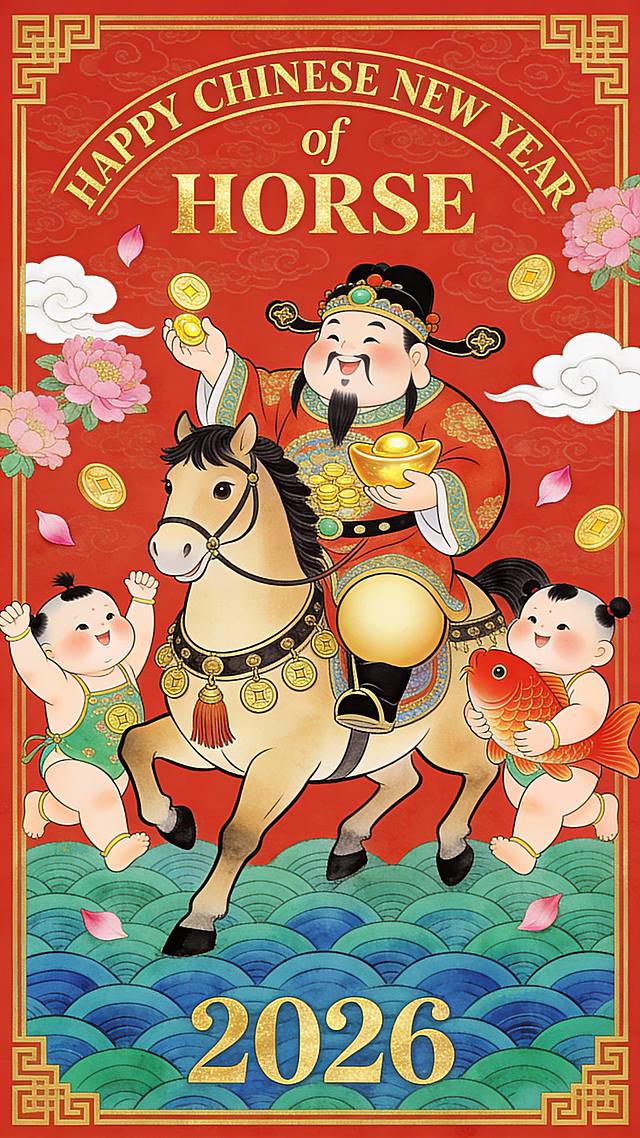 动画风格。主体为财神爷骑骏马（财神爷左手托金元宝，右手抛金币；马具饰流苏及铜钱，呈行走姿态）。马匹两侧有两个福娃（左侧举臂欢呼；右侧怀抱红色锦鲤）。空中飘浮金色铜钱、粉色牡丹花瓣、白色祥云；顶部弧形排列烫金质感的“HAPPY CHINESE NEW YEAR” “of”“HORSE”顺序排列，下方正中央为数字 “2026”。底部饰蓝绿色波浪纹样，画面四周设金色中式回纹边框，红色背景