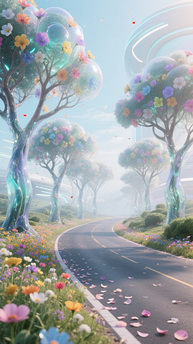 未来主义虚拟自然，梦境，一条宽广的开着野花的路，两边一排排奇异的怪树，树像玻璃一样，树干是透明的，树上开满了五颜六色通明的花朵，地上落满了花瓣