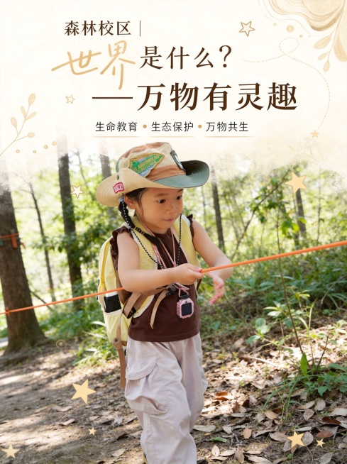 参考之前简约温馨的海报设计风格，使用这张儿童森林户外活动图作为背景，添加文案：上方标题"森林校区｜自然是什么？——万物有灵趣"，下方关键词"生命教育 · 生态保护·万物共生"，保持浅米色系背景，搭配星预览效果